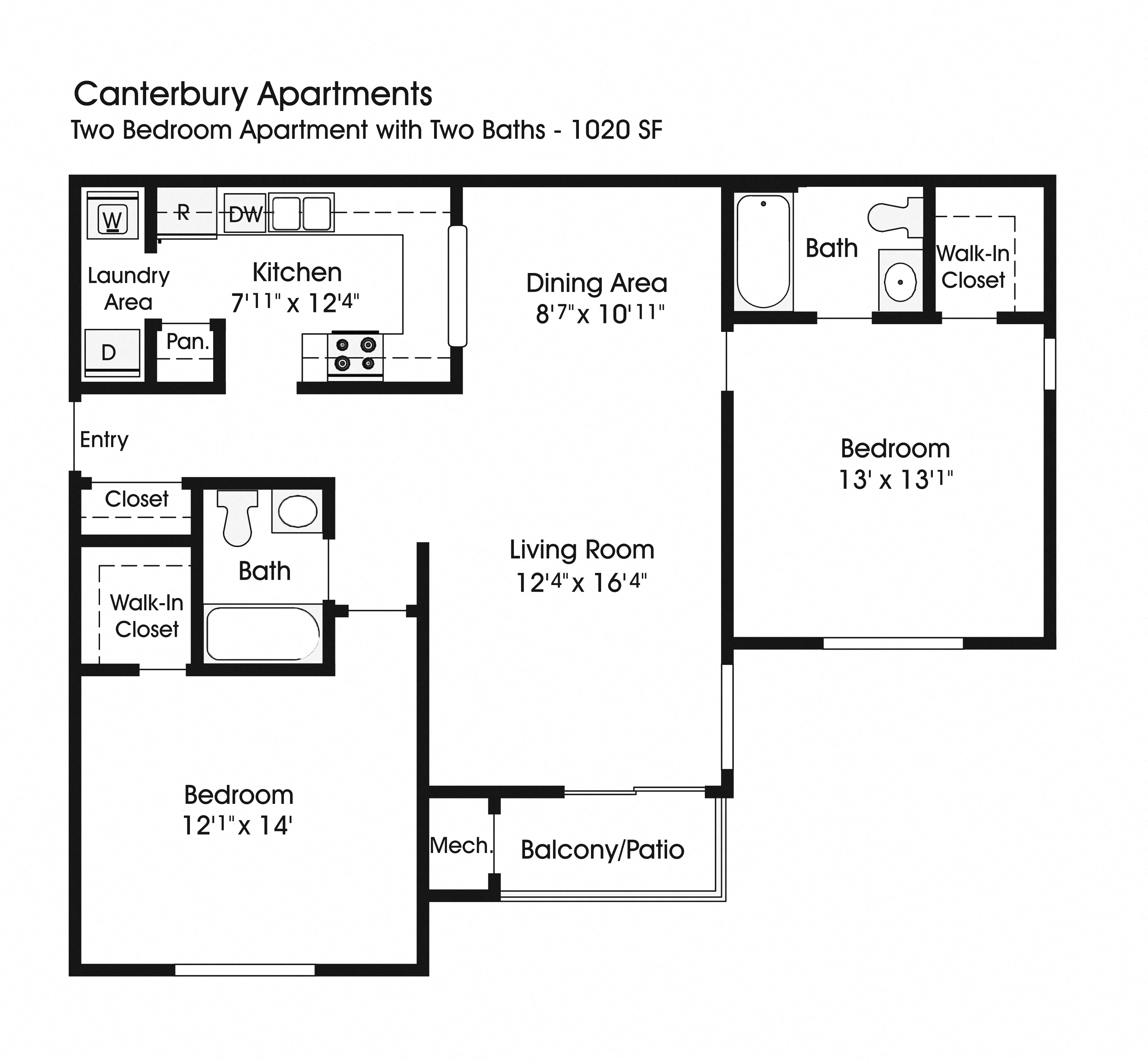 Floor plan for 2 beds, 2 baths, 1020 sqft